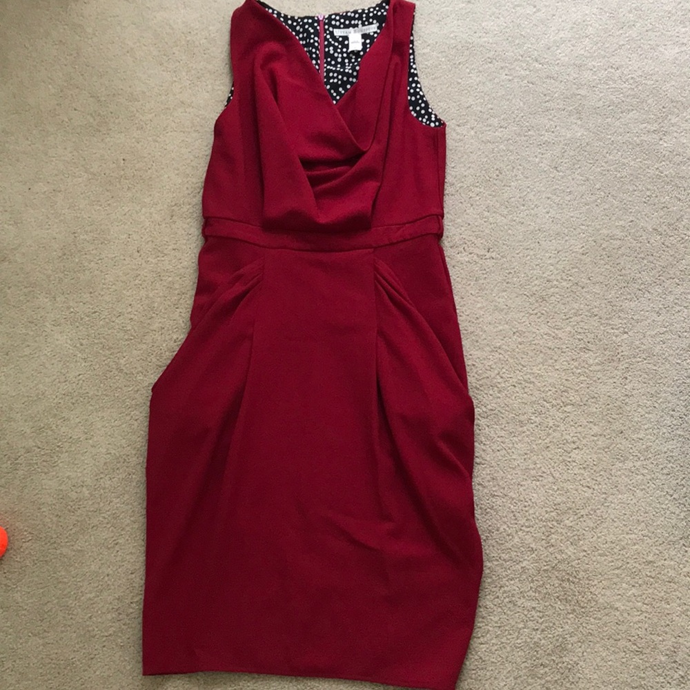 Red sleeveless dress cowl neck and draping